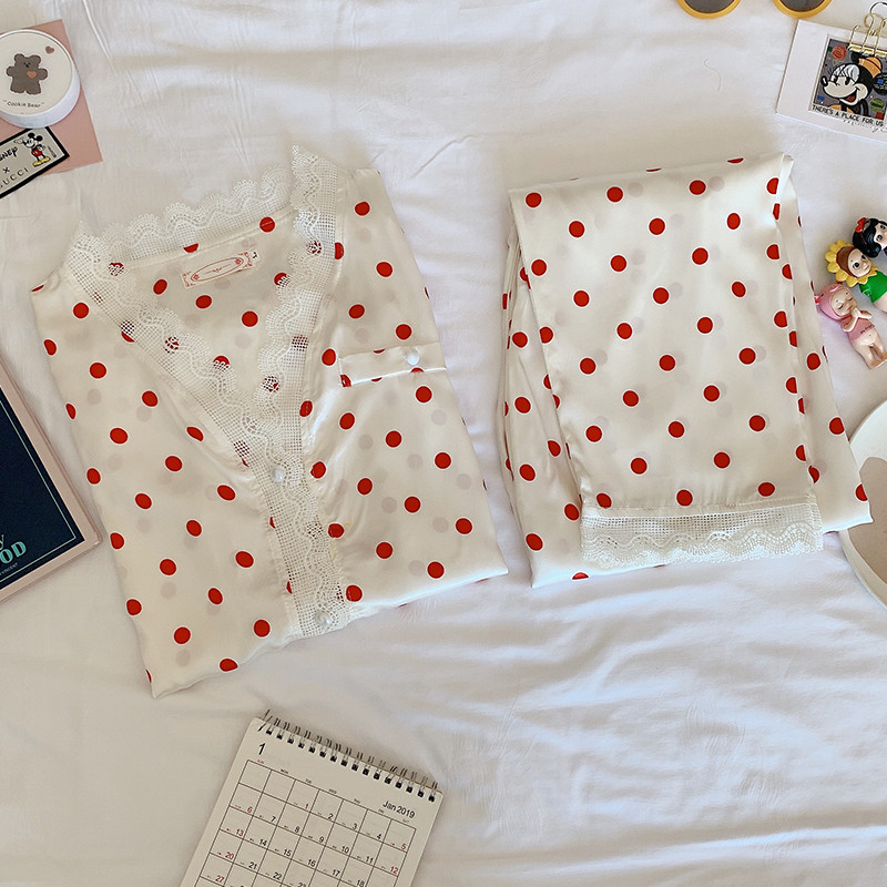 Jauns mežģīņu pidžamas ar V veida kakla izgriezumu pavasara rudens sieviešu pidžamu komplekts ar garām piedurknēm.