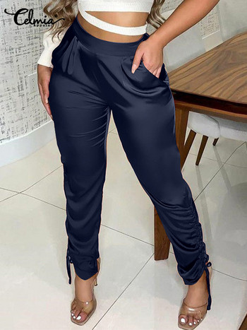 Celmia Streetwear Γυναικεία Pantalon Mujer Μόδα με κορδόνια για τον αστράγαλο Κομψό παντελόνι άνοιξη χαρέμι 2023 Σατέν στενό μακρύ παντελόνι