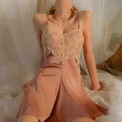 Jauns sieviešu satīna naktskrekls, sieviešu naktskrekls bez muguras, seksīgs, mežģīņu naktskrekls ar V veida kakla izgriezumu, vienkrāsains, mīksts mājas kleita