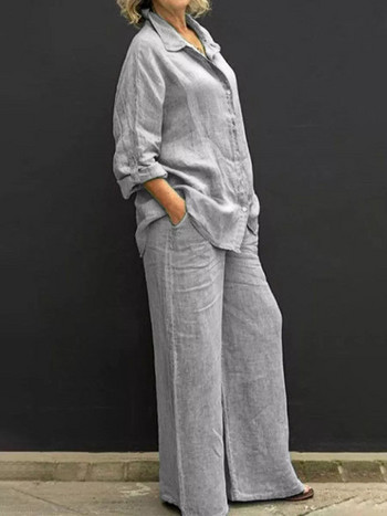 Σετ λινό πέτο δύο τεμαχίων Φθινοπωρινό Vintage Μονόχρωμο Πουκάμισο Μπλούζα με μακρυμάνικο κουμπί Γυναικεία Casual Loose ίσια παντελόνια κοστούμια