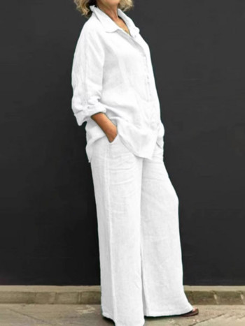 Σετ λινό πέτο δύο τεμαχίων Φθινοπωρινό Vintage Μονόχρωμο Πουκάμισο Μπλούζα με μακρυμάνικο κουμπί Γυναικεία Casual Loose ίσια παντελόνια κοστούμια