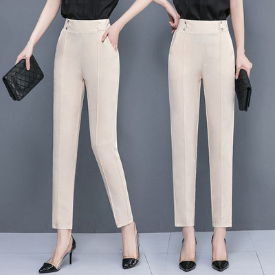 Γυναικεία Office Lady 2022 Καλοκαίρι με νέα απλικέ με κουμπιά Μόδα All-match Ελαστική ψηλόμεση βερίκοκο ίσιο παντελόνι εννέα πόντων