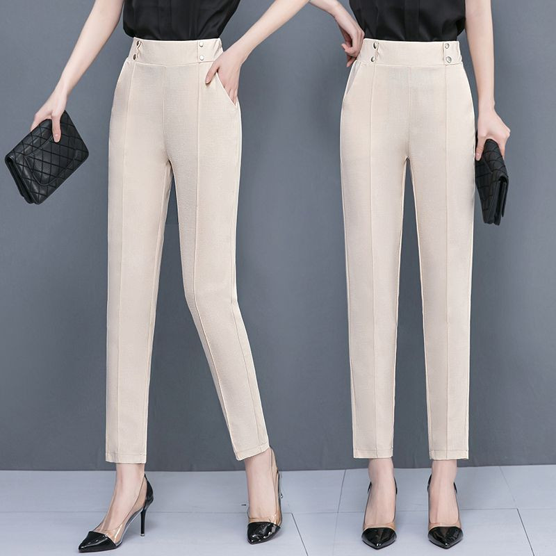 Γυναικεία Office Lady 2022 Καλοκαίρι με νέα απλικέ με κουμπιά Μόδα All-match Ελαστική ψηλόμεση βερίκοκο ίσιο παντελόνι εννέα πόντων