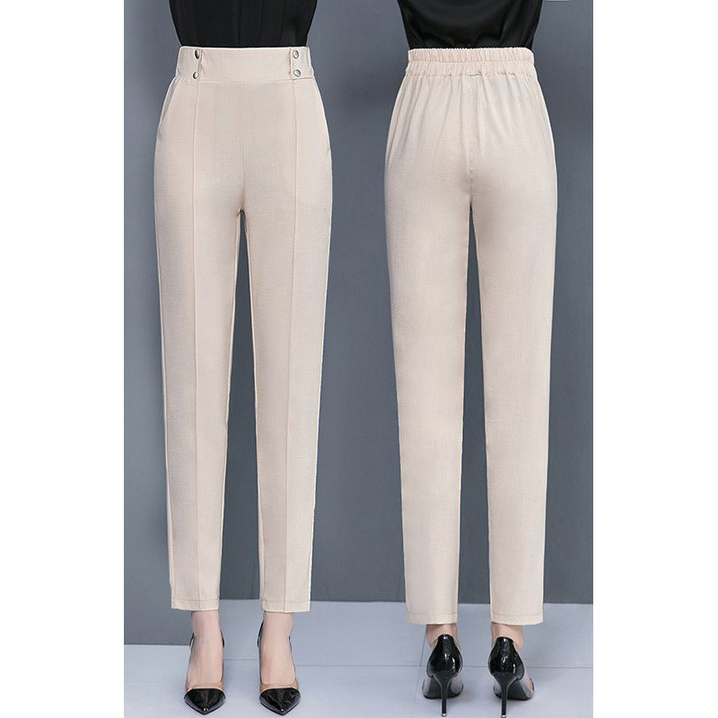 Γυναικεία Office Lady 2022 Καλοκαίρι με νέα απλικέ με κουμπιά Μόδα All-match Ελαστική ψηλόμεση βερίκοκο ίσιο παντελόνι εννέα πόντων