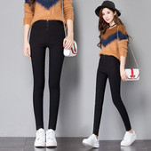 2022 Ψηλόμεσο παντελόνι με μολύβι για γυναίκες με 3 κουμπιά Μαύρο μασίφ στενό κολάν Καλοκαιρινό γυναικείο παντελόνι με φθινοπωρινό πάτο P8348