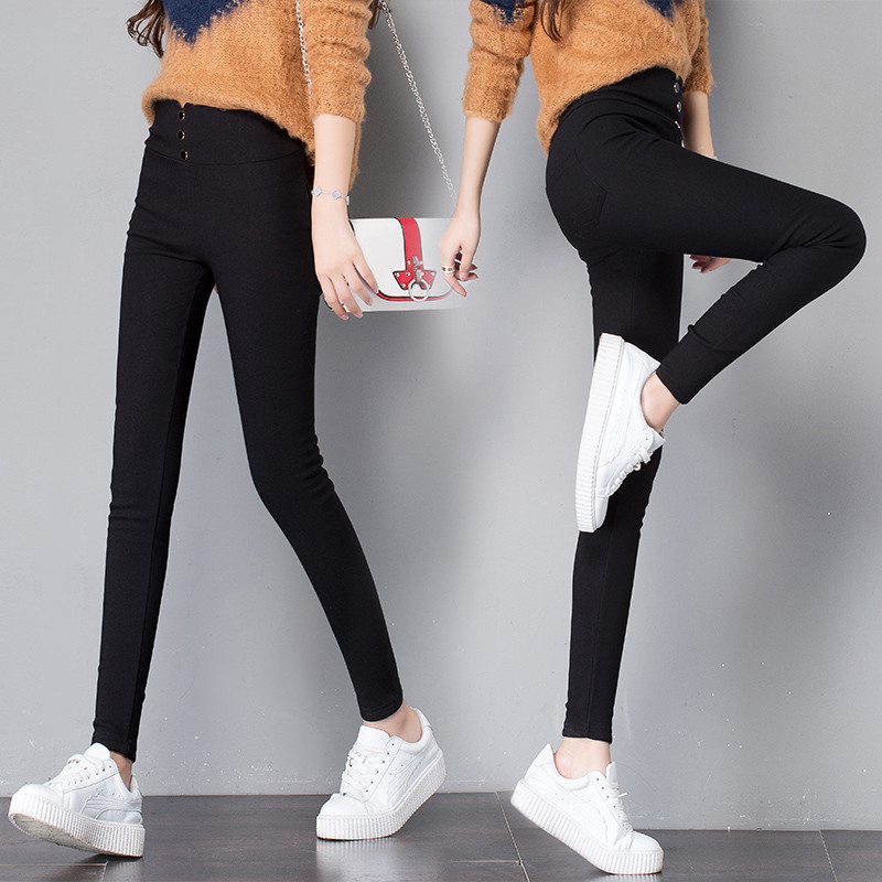 2022 Ψηλόμεσο παντελόνι με μολύβι για γυναίκες με 3 κουμπιά Μαύρο μασίφ στενό κολάν Καλοκαιρινό γυναικείο παντελόνι με φθινοπωρινό πάτο P8348