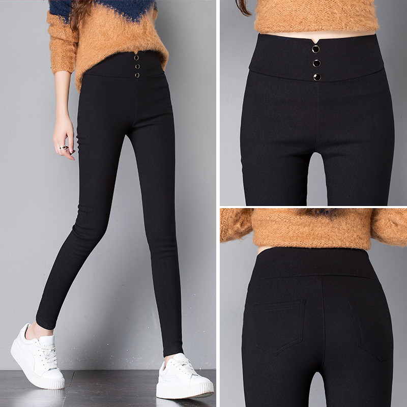 2022 Ψηλόμεσο παντελόνι με μολύβι για γυναίκες με 3 κουμπιά Μαύρο μασίφ στενό κολάν Καλοκαιρινό γυναικείο παντελόνι με φθινοπωρινό πάτο P8348