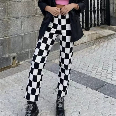 Merodi Chic Lady Κομψό Λευκό&Μαύρο καρό στάμπα Μακρύ ίσιο γυναικείο παντελόνι φθινοπωρινό casual ψηλόμεσο ζα παντελόνι