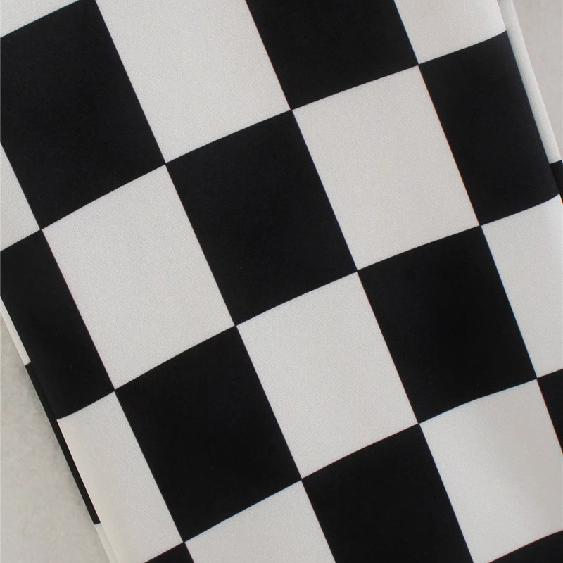 Merodi Chic Lady Κομψό Λευκό&Μαύρο καρό στάμπα Μακρύ ίσιο γυναικείο παντελόνι φθινοπωρινό casual ψηλόμεσο ζα παντελόνι