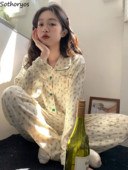 Σετ πιτζάμες Λουλούδια Φοιτητές Χαριτωμένα κοριτσίστικα Καθημερινά Απλή Ανοιξιάτικη Μοντέρνα Κορεατική Γλυκό Σχεδιαστής Αναψυχής Άνετο σε όλο το μήκος