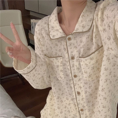 Σετ πιτζάμες Λουλούδια Φοιτητές Χαριτωμένα κοριτσίστικα Καθημερινά Απλή Ανοιξιάτικη Μοντέρνα Κορεατική Γλυκό Σχεδιαστής Αναψυχής Άνετο σε όλο το μήκος