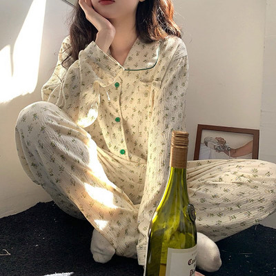 Σετ πιτζάμες Λουλούδια Φοιτητές Χαριτωμένα κοριτσίστικα Καθημερινά Απλή Ανοιξιάτικη Μοντέρνα Κορεατική Γλυκό Σχεδιαστής Αναψυχής Άνετο σε όλο το μήκος