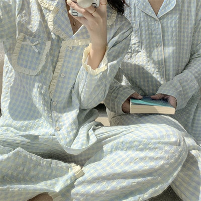 Σετ πιτζάμες Λουλούδια Φοιτητές Χαριτωμένα κοριτσίστικα Καθημερινά Απλή Ανοιξιάτικη Μοντέρνα Κορεατική Γλυκό Σχεδιαστής Αναψυχής Άνετο σε όλο το μήκος