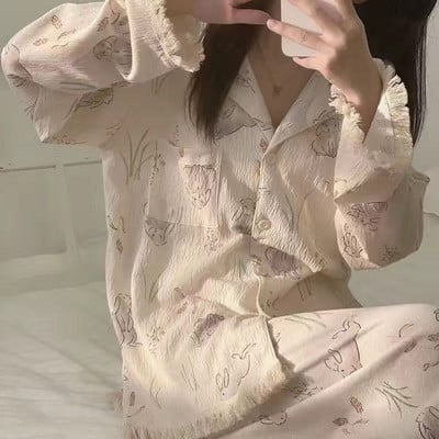 Σετ πιτζάμες Λουλούδια Φοιτητές Χαριτωμένα κοριτσίστικα Καθημερινά Απλή Ανοιξιάτικη Μοντέρνα Κορεατική Γλυκό Σχεδιαστής Αναψυχής Άνετο σε όλο το μήκος