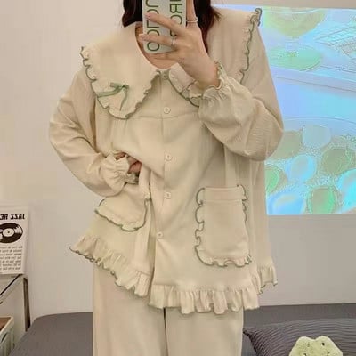 Σετ πιτζάμες Λουλούδια Φοιτητές Χαριτωμένα κοριτσίστικα Καθημερινά Απλή Ανοιξιάτικη Μοντέρνα Κορεατική Γλυκό Σχεδιαστής Αναψυχής Άνετο σε όλο το μήκος