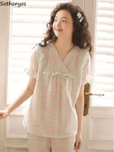 Σετ πιτζάμες Γυναικείες καλοκαιρινές M-3XL Χαλαρές γλυκές πτυχές Αναψυχής φοιτητικός κοιτώνας Υπνοδωματίων Λεπτά αναπνεύσιμα, κομψά στάμπα, μαλακά, δημοφιλή μέσα