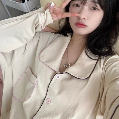 Pizsama szettek Női Diák egyszerű Ulzzang hálóruha Divatos nyomtatás Szép, légáteresztő hosszú ujjú női otthoni ruha Alkalmi Lounge Chic