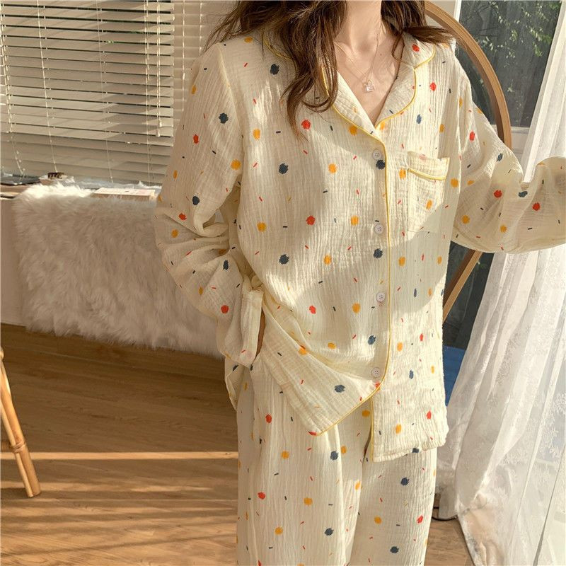 Pizsama szettek Női Diák egyszerű Ulzzang hálóruha Divatos nyomtatás Szép, légáteresztő hosszú ujjú női otthoni ruha Alkalmi Lounge Chic