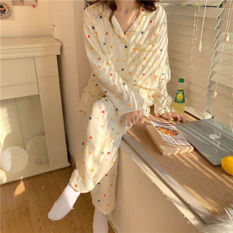 Pizsama szettek Női Diák egyszerű Ulzzang hálóruha Divatos nyomtatás Szép, légáteresztő hosszú ujjú női otthoni ruha Alkalmi Lounge Chic