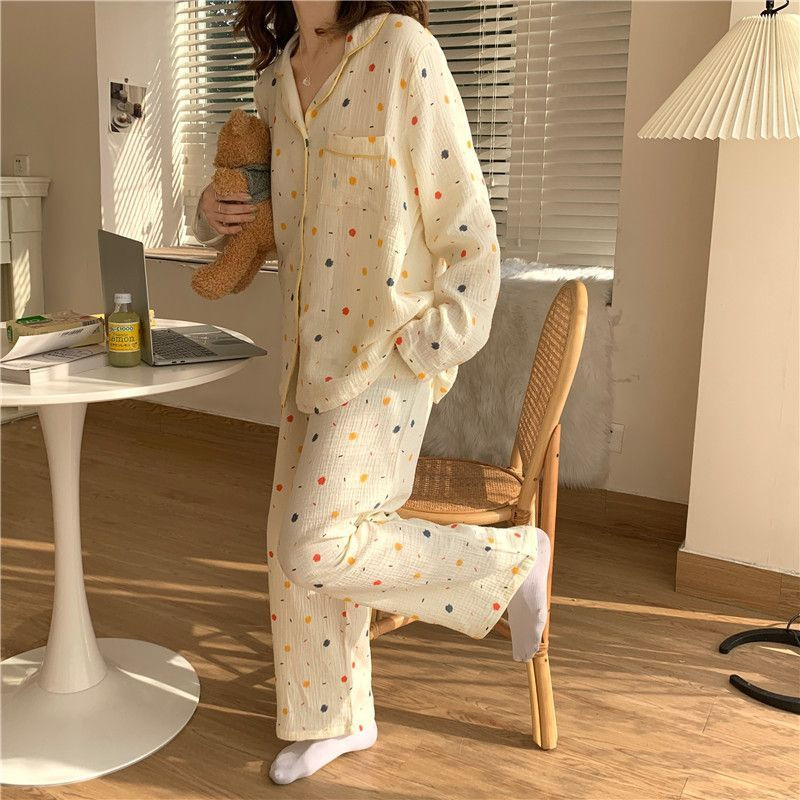 Pizsama szettek Női Diák egyszerű Ulzzang hálóruha Divatos nyomtatás Szép, légáteresztő hosszú ujjú női otthoni ruha Alkalmi Lounge Chic