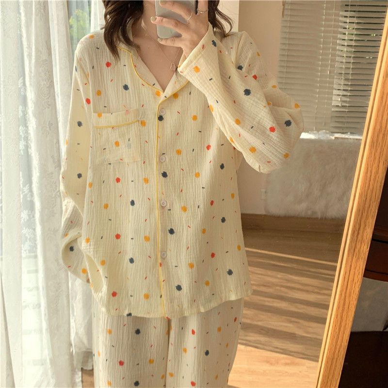 Pizsama szettek Női Diák egyszerű Ulzzang hálóruha Divatos nyomtatás Szép, légáteresztő hosszú ujjú női otthoni ruha Alkalmi Lounge Chic