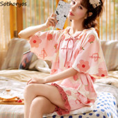 Népszerű napi pizsamagarnitúrák, édes O-nyakú fodros nyomtatott rövid ujjú pólók Puha hálóruha Rövidnadrág Pizsama tini lányoknak Ulzzang