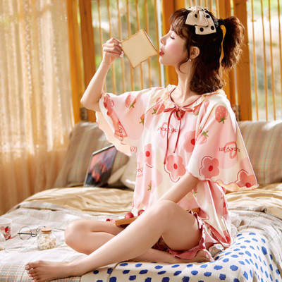 Népszerű napi pizsamagarnitúrák, édes O-nyakú fodros nyomtatott rövid ujjú pólók Puha hálóruha Rövidnadrág Pizsama tini lányoknak Ulzzang