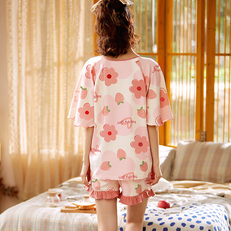 Népszerű napi pizsamagarnitúrák, édes O-nyakú fodros nyomtatott rövid ujjú pólók Puha hálóruha Rövidnadrág Pizsama tini lányoknak Ulzzang