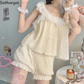 Pizsama szettek Női csipke Szexi nyári ujjatlan felsők Spagetti pántos rövidnadrág kétrészes szett Laza hálóruha Lounge viselet Puha alkalmi