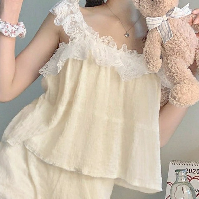 Pizsama szettek Női csipke Szexi nyári ujjatlan felsők Spagetti pántos rövidnadrág kétrészes szett Laza hálóruha Lounge viselet Puha alkalmi