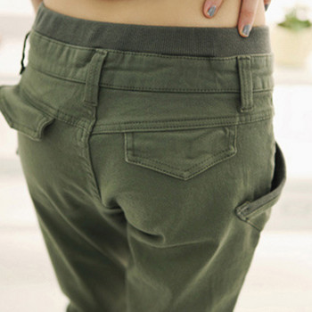 Κομψό γυναικείο μονόχρωμο κορδόνι ελαστικό slims μέσης με μολύβι Παντελόνι παντελόνι παντελόνι με πολλές τσέπες και λουράκια στα πόδια