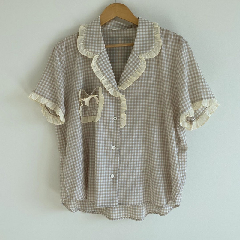 Női pizsama szettek rövid ujjú, kockás masni fodrok tervezett tiniknek, édes Kawaii koreai stílusú, laza, alkalmi, kényelmes hálóruha M-3XL elegáns