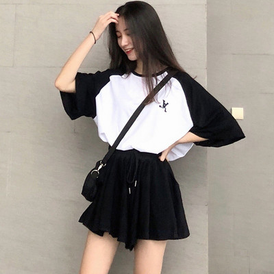 Naiste pidžaamakomplektid, kottis prinditud paneelidega O-kaelusega topid Pingutusnööriga laia säärega lühikesed püksid, jooksvad pehme moodne kaheosaline komplekt Ulzzang Femme