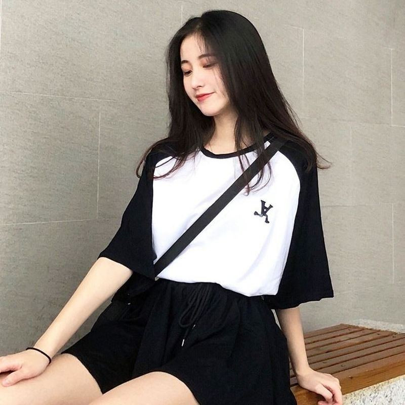 Naiste pidžaamakomplektid, kottis prinditud paneelidega O-kaelusega topid Pingutusnööriga laia säärega lühikesed püksid, jooksvad pehme moodne kaheosaline komplekt Ulzzang Femme