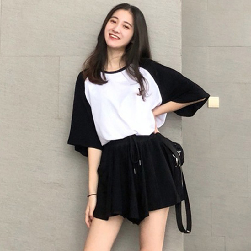 Naiste pidžaamakomplektid, kottis prinditud paneelidega O-kaelusega topid Pingutusnööriga laia säärega lühikesed püksid, jooksvad pehme moodne kaheosaline komplekt Ulzzang Femme