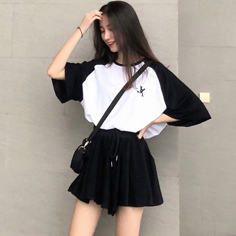 Naiste pidžaamakomplektid, kottis prinditud paneelidega O-kaelusega topid Pingutusnööriga laia säärega lühikesed püksid, jooksvad pehme moodne kaheosaline komplekt Ulzzang Femme