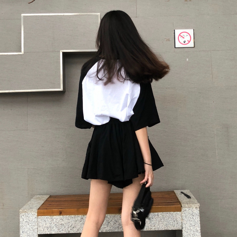 Naiste pidžaamakomplektid, kottis prinditud paneelidega O-kaelusega topid Pingutusnööriga laia säärega lühikesed püksid, jooksvad pehme moodne kaheosaline komplekt Ulzzang Femme