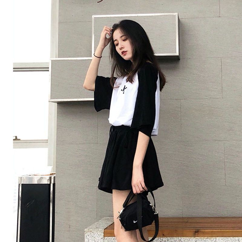 Naiste pidžaamakomplektid, kottis prinditud paneelidega O-kaelusega topid Pingutusnööriga laia säärega lühikesed püksid, jooksvad pehme moodne kaheosaline komplekt Ulzzang Femme