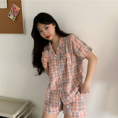 Egysoros kockás pizsamagarnitúrák női rövid ujjú hálóruhák, széles szárú, bő tanulók szabadidő Ulzzang nappali ruházat felsőruházat elegáns