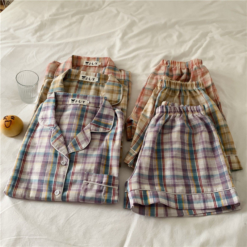 Egysoros kockás pizsamagarnitúrák női rövid ujjú hálóruhák, széles szárú, bő tanulók szabadidő Ulzzang nappali ruházat felsőruházat elegáns