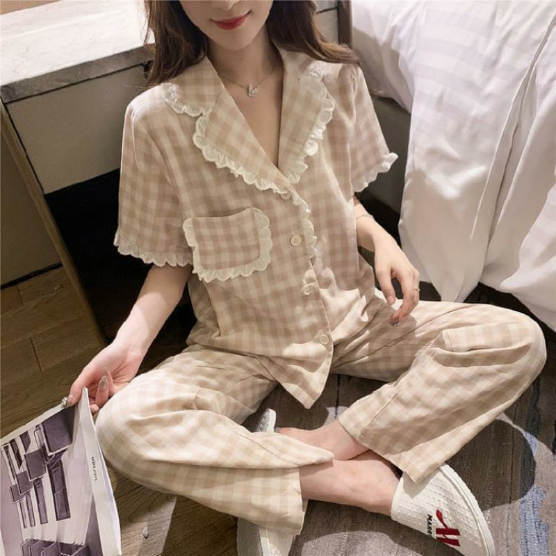 Pizsama szettek Női nyári zacskós, vintage kockás tervezésű édes, gyengéd, légáteresztő, puha hálóruha Elegáns otthoni társalgó, népszerű hely