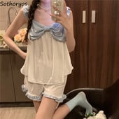 Σετ πιτζάμες Γυναικεία αμάνικα μπλουζάκια και σορτς Συνονθύλευμα Μόδα Πυζά Sweet Teens Bow Kawaii Nightwear Καλοκαιρινά κοστούμια ύπνου