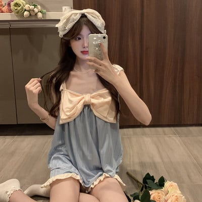 Σετ πιτζάμες Γυναικεία αμάνικα μπλουζάκια και σορτς Συνονθύλευμα Μόδα Πυζά Sweet Teens Bow Kawaii Nightwear Καλοκαιρινά κοστούμια ύπνου
