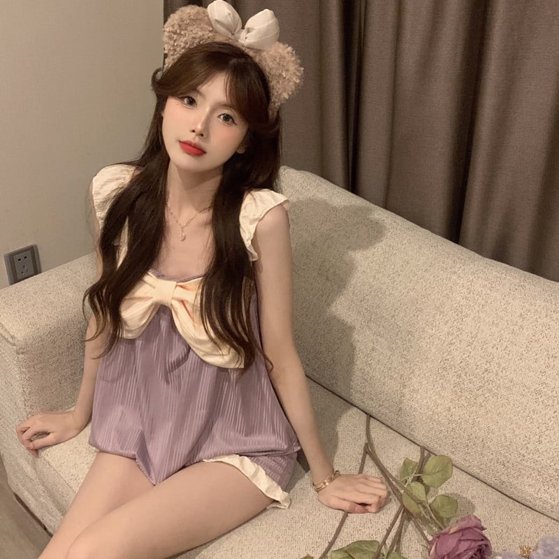 Σετ πιτζάμες Γυναικεία αμάνικα μπλουζάκια και σορτς Συνονθύλευμα Μόδα Πυζά Sweet Teens Bow Kawaii Nightwear Καλοκαιρινά κοστούμια ύπνου