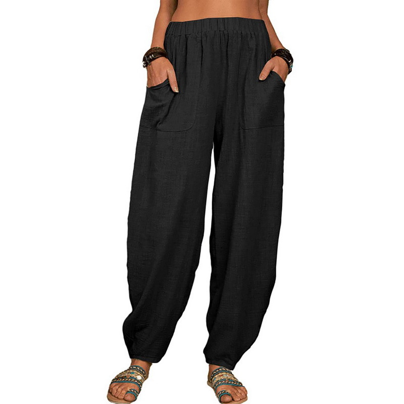 Női hárem nadrág nyári alkalmi Vintage pamut vászon nadrág elasztikus derék széles láb Retro bő zsebek Női anya nadrág S-5XL