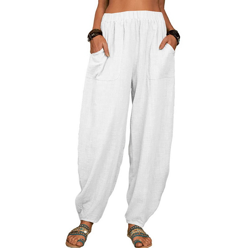 Női hárem nadrág nyári alkalmi Vintage pamut vászon nadrág elasztikus derék széles láb Retro bő zsebek Női anya nadrág S-5XL