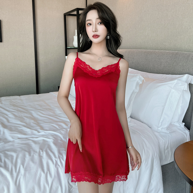 Női szexi csipke díszítésű mini hálóing új nyári nadrágos hálóing Hálóruha Intim fehérnemű Vékony selyem szatén otthoni ruha