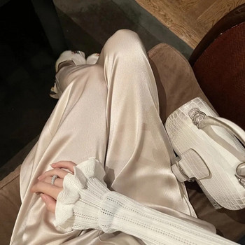 Ρευστό παντελόνι από οξικό ύφασμα Φαρδύ ψηλόμεσο παντελόνι με φαρδύ πόδι Κομψό κορεάτικο fashionwear Λευκό μασίφ καλοκαιρινό λεπτό, κρύο σατέν