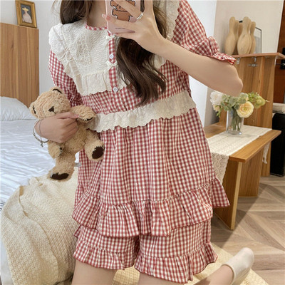 Pizsama szettek női környakú, szép, stílusos kockás Ulzzang elegáns iskoláslányok alapvető hálóruha Soft Ins édes stílusú otthoni ruha