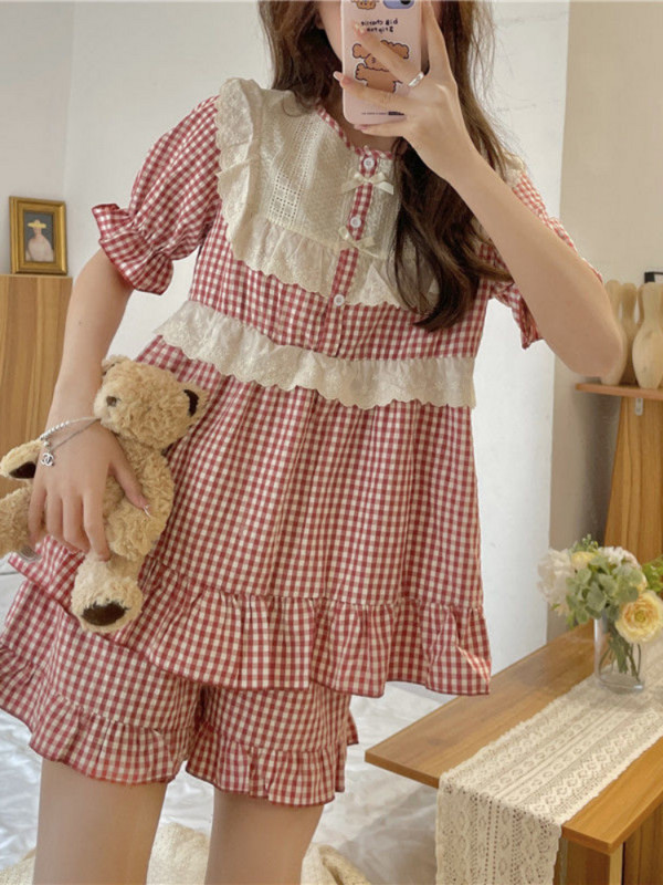 Pizsama szettek női környakú, szép, stílusos kockás Ulzzang elegáns iskoláslányok alapvető hálóruha Soft Ins édes stílusú otthoni ruha